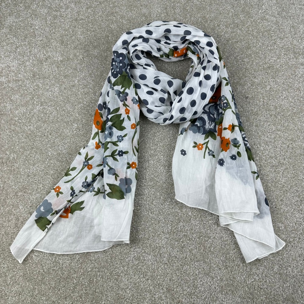 Floral Polka Dot Scarf Lightweight Cotton Blend Wrap White Orange Blue Floral